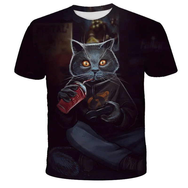 

Summer our world girl cartoon coffee cat super large quick-drying polyester 3D printing T-shirt children's round neck short slee