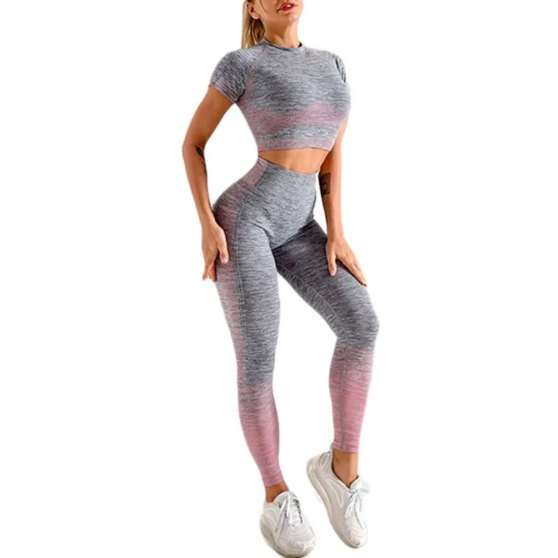 

Women Workout Outfit Short Sleeve Crop Top Leggings Seamless Knit Yoga Tracksuit