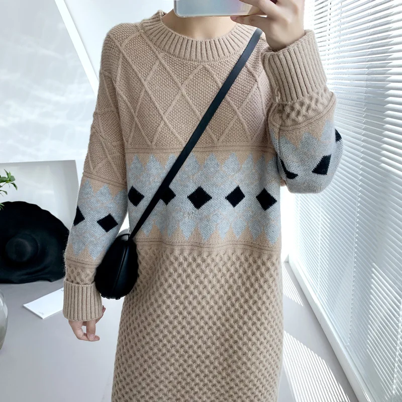 

2021 New Autumn And Winter Knitted Loose Knee Length Women Dress O-Neck Long Sleeve Thicken Warm Knitwear Fashion Casual