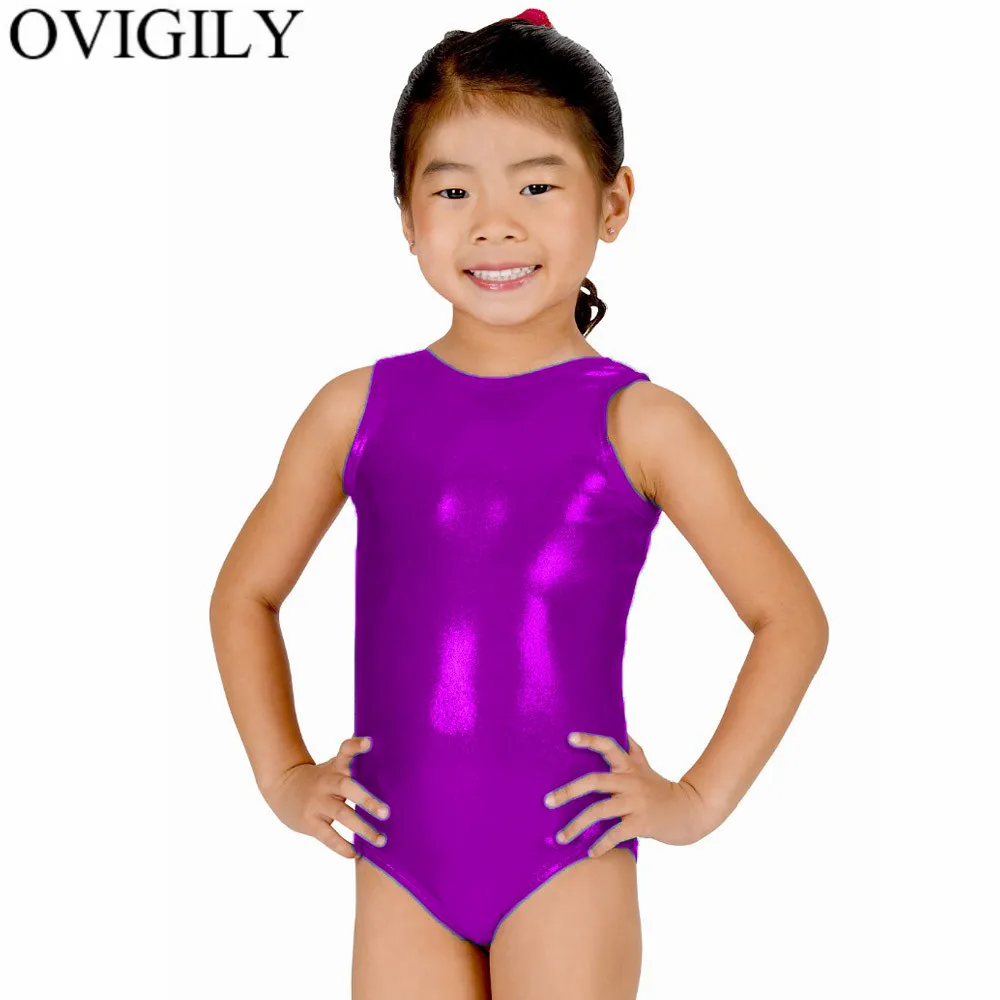 Purple OVIGILY девушка серебряные Купальник для балета, танцев, Детские лайкра Красная Майка; Одежда для танцев для детей Блестящий металлический гимнастические костюмы для мальчиков - Цвет: Purple