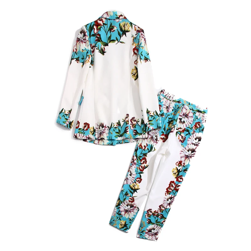 

High Quality Spring Autumn New Flower Print Fashion Lapel Button Suit Jacket Casual Slim Pants Workplace Elegant Two Piece Set