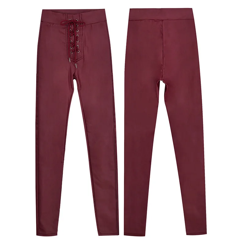 

Women Coated Denim Jeans Bandage Wine Red Ladies High Elastic Waist Stretch Small Leg Fake PU Pencil Pants Slim Trousers TOP387