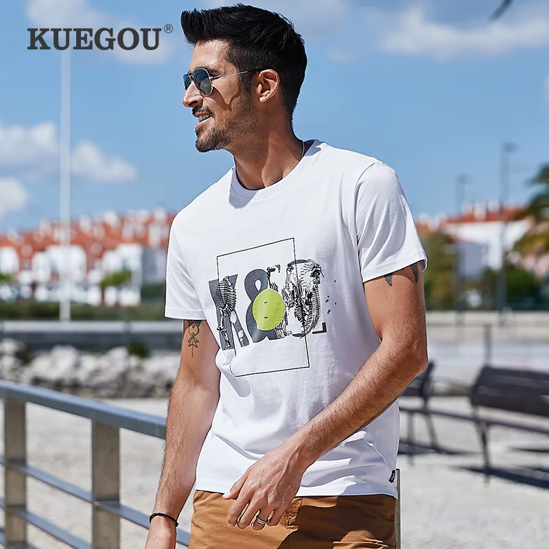 

KUEGOU 100% cotton fashion Men's T-shirt short sleeve Pocket decoration printing summer t shirt men white top size ZT-3386