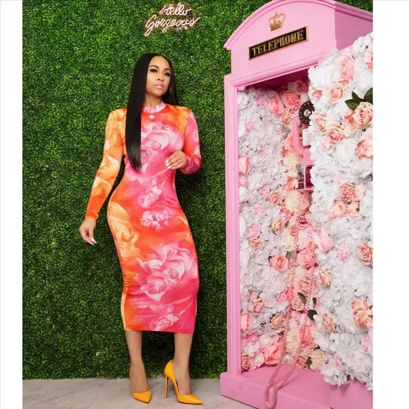 

Casual Long Sleeve Sexy Maxi Elegant Dresses for Women Print Bodycon Skinny Prom Evening Long Dresses