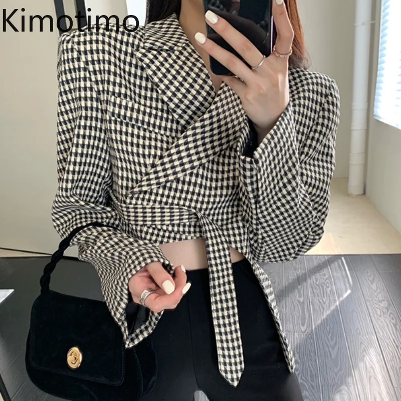 

Kimotimo Plaid Blazer Coat Women 2021 Autumn Fashion Irregular Design Jacket Korean Chic Bandage Long Sleeve Streetwear Blazers