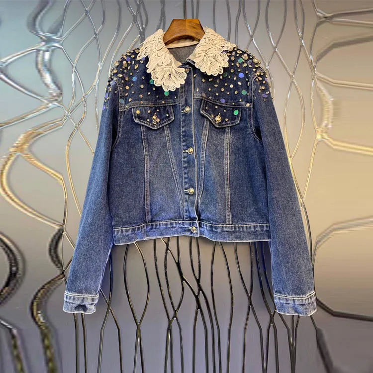 

Women Cotton Denim Jacket 2021 Autumn Winter Fashion Embroidery Floral Collar Movable Beading Loose Jeans Coat Outerwear New