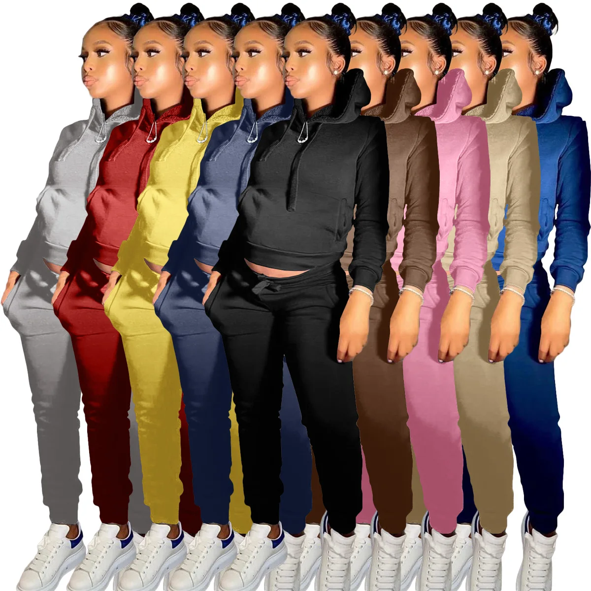 

1L274 Autumn Winter Women Casual Fashion Solid Fleece Hooded Sweatshirt Two Piece Set Top and Pants Tracksuit Sweatsuit Outfits