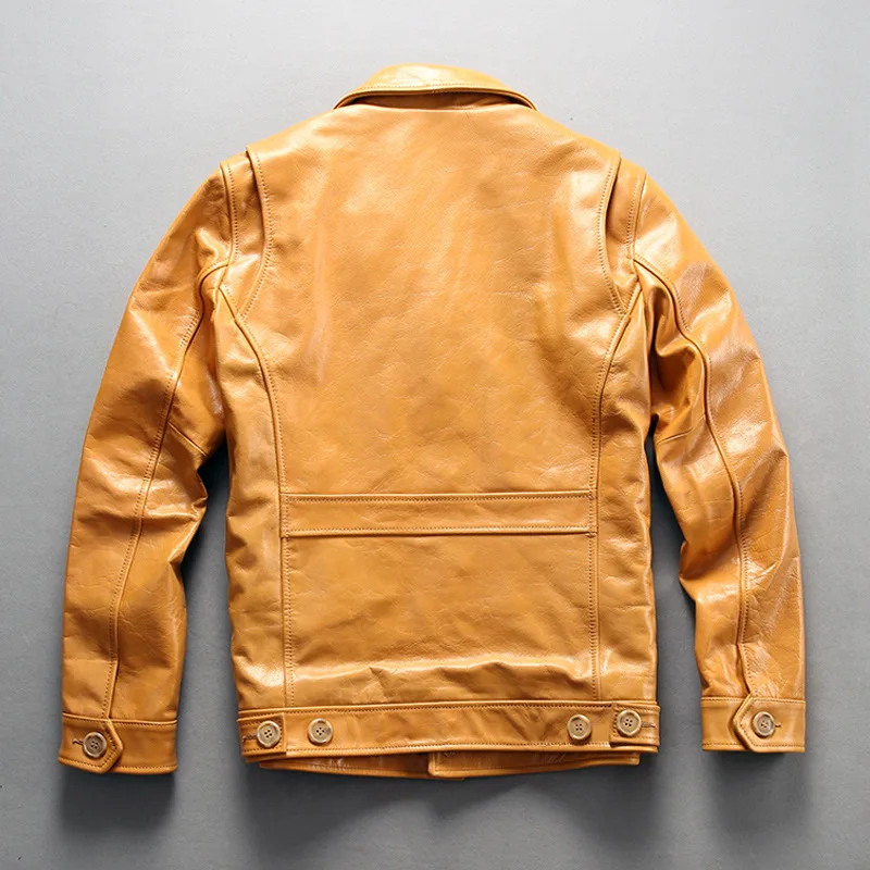 

Yellow Cowhide Short Coat Mens Lapel Single-Breasted Multi-Pockets Jacket Spring Autumn Korean Fit Wax Glossy Males Outerwear