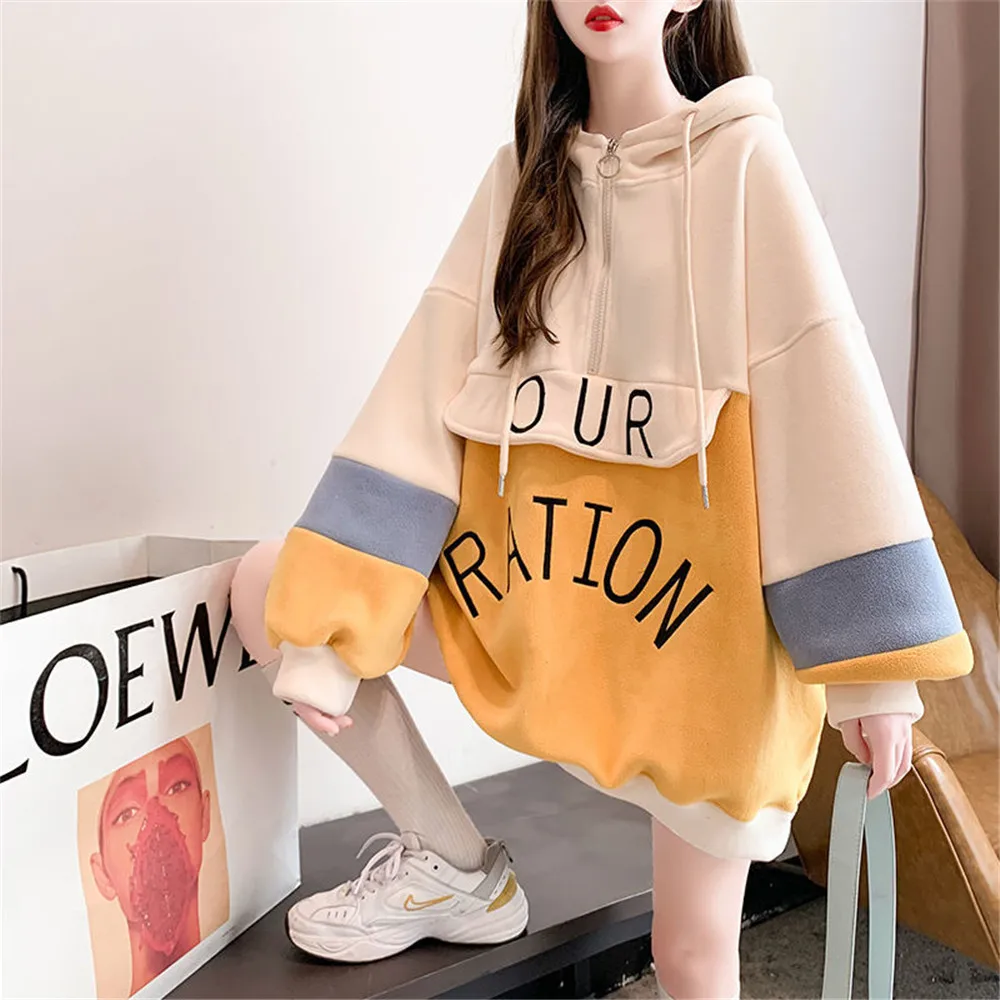 

Oversize Patchwork Color Women Hoodies Long Sleeves Boyfriend Style Sweet Girl Top Shirts Pink Female Pullovers Sweatshirt