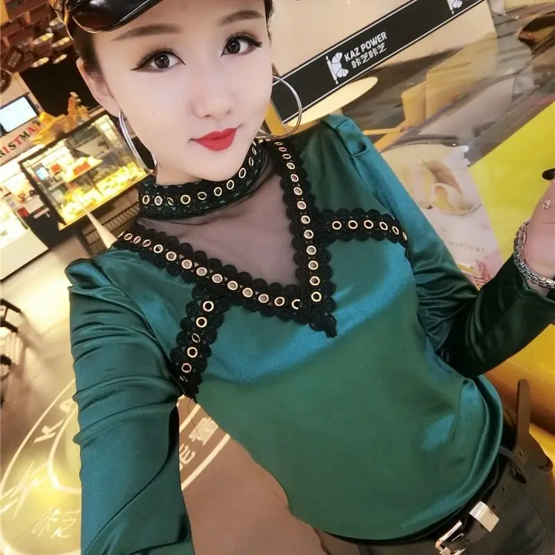 

Женская Облегающая рубашка с длинным рукавом, сезон весна-осень 2021, женские сетчатые топы с прострочкой, дамская модная повседневная облега...