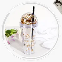 Plastic Tumbler Double Walled Iced Cold Drink Cup with Lid and Reusable Straw,  BPA Free, Gold