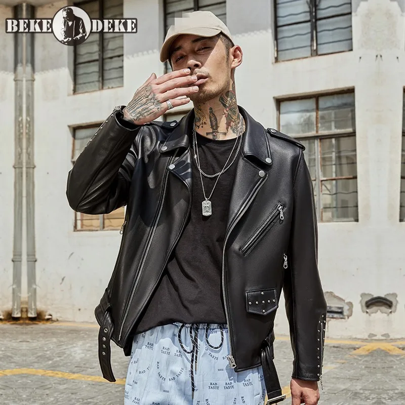 

Punk Style Genuine Leather Jacket Men Rivets Zippers Personality Motorcycle Biker Jackets Fashion Casual Mens Sheepskin Coats
