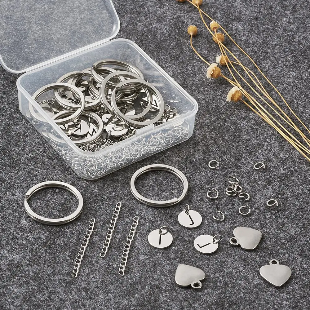 

DIY Set with Steel Charms Flat Round with Alphabet Split Key Rings Jump Rings and Steel Ends Extender Chains 12x1mm, Hole: 2.5mm