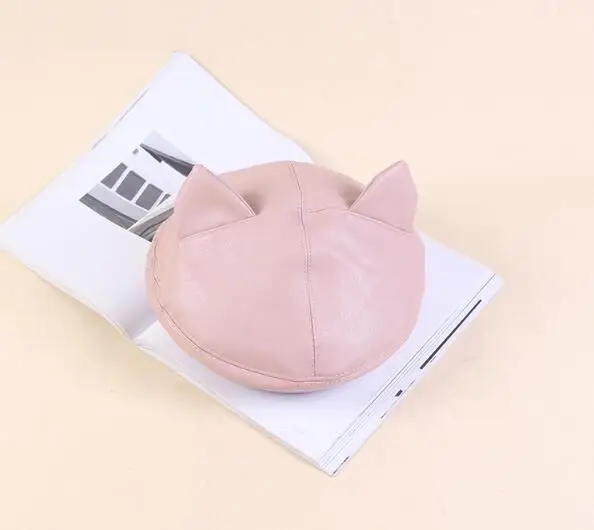 

Japanese-style INS Casual Soft Sister Cat Ear PU Leather Beret Women's-Korean-style Versatile Stereo Bud Painter Cap