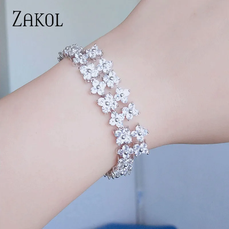 Silver Color ZAKOL Роскошный AAA кубический цирконий цветы браслет для женщин Мода подружки невесты Свадебные украшения подарки на день рождения FSBP178 - Окраска металла: Silver Color
