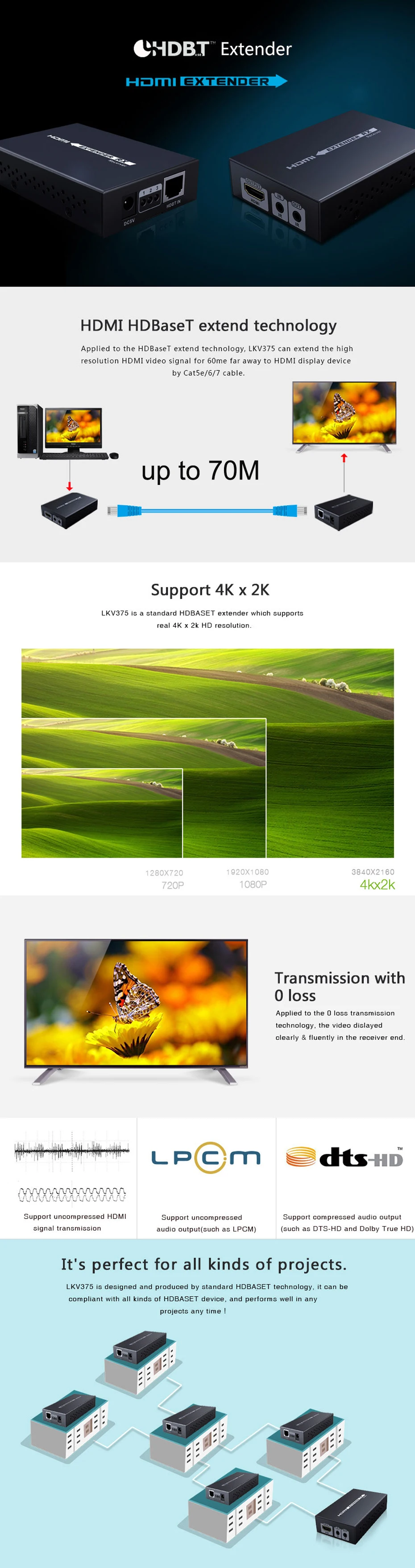 HDBaseT HDMI удлинитель 4K с ИК hdmi 1,4 V до 70M 3D, 4k X 2k поддерживается с адаптером питания 12V