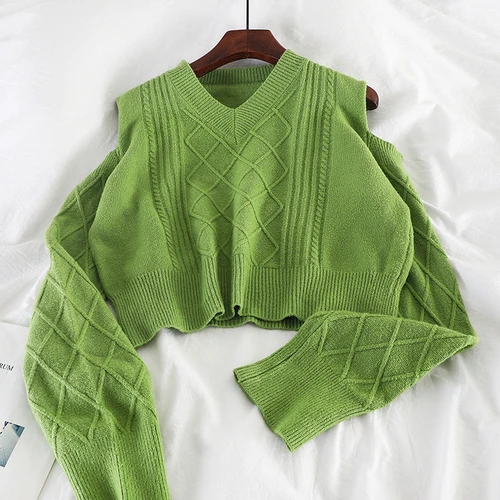 green Neploe/ осенне-зимние женские вязаные пуловеры с длинным рукавом, Повседневный свитер, пуловеры с v-образным вырезом, без бретелек, трикотаж 54962 - Цвет: green