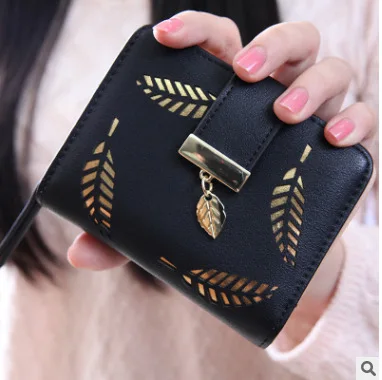 

New Short Women's Zipper Buckle Hollow Leaves Small Wallet PU Leather Card Bag