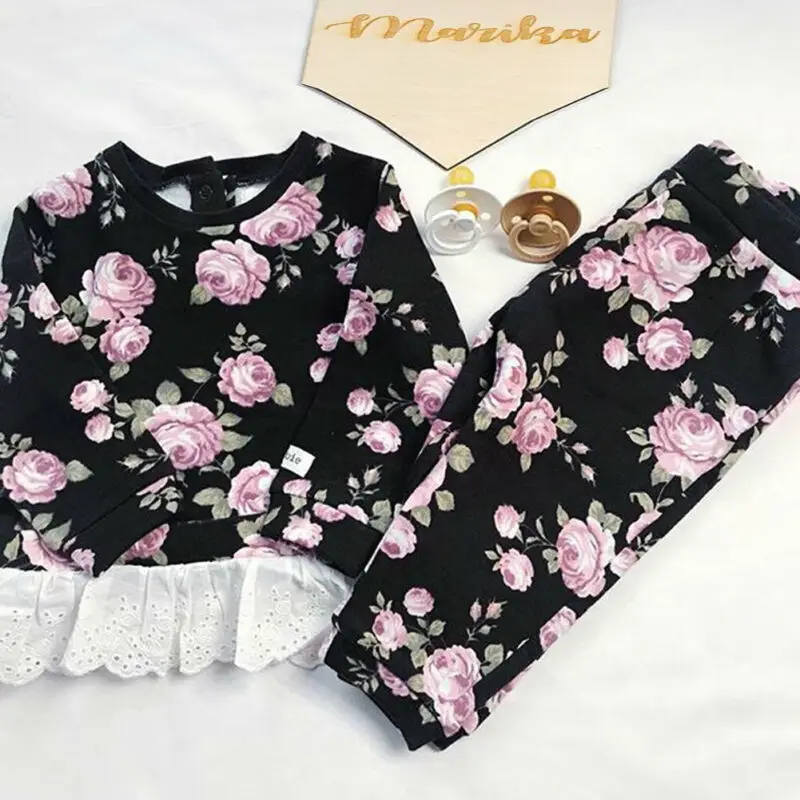 Милые комплекты для новорожденных девочек кружевная футболка с цветами + штаны