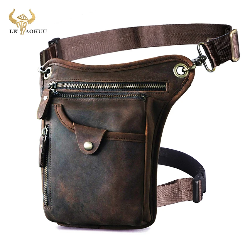 Thick Crazy Horse Leather Men Design Casual Coffee Classic Shoulder Sling Bag Fashion Travel Fanny Waist Belt Pack Leg Bag 211-5