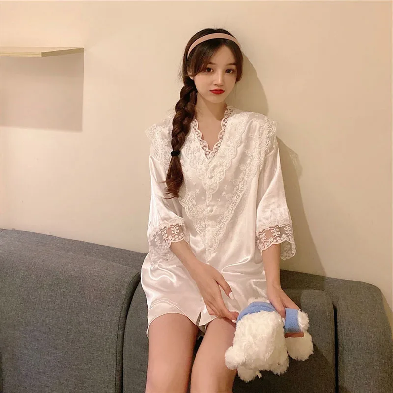 New Summer Products Court Style Women's Pajamas Suit Lace Nightgown V-neck Cardigan Home Clothes Sweet Style Lady Sleepwear