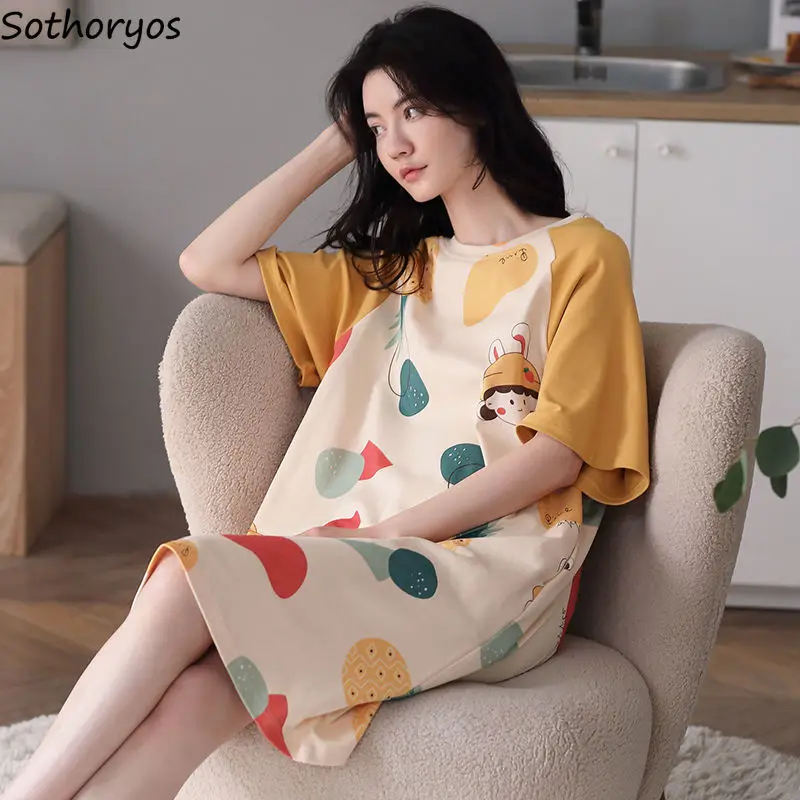 

Women Summer Short Sleeve Nightgowns Print O-neck Sleepwear Fashion Sweet Kawaii Students Sleepdress Home Lounge Nightwear M-3XL