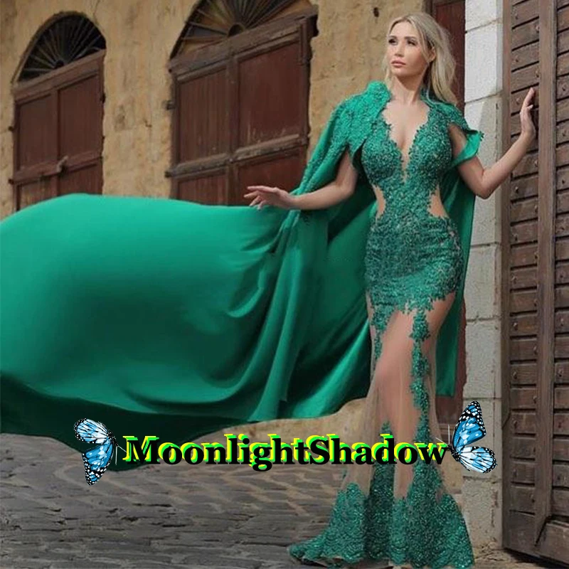 

Green Sexy Mermaid Evening Dress Appliques Cape Dubai Arabic Saudi Arabian Vestidos De Festa Formal Wedding Party