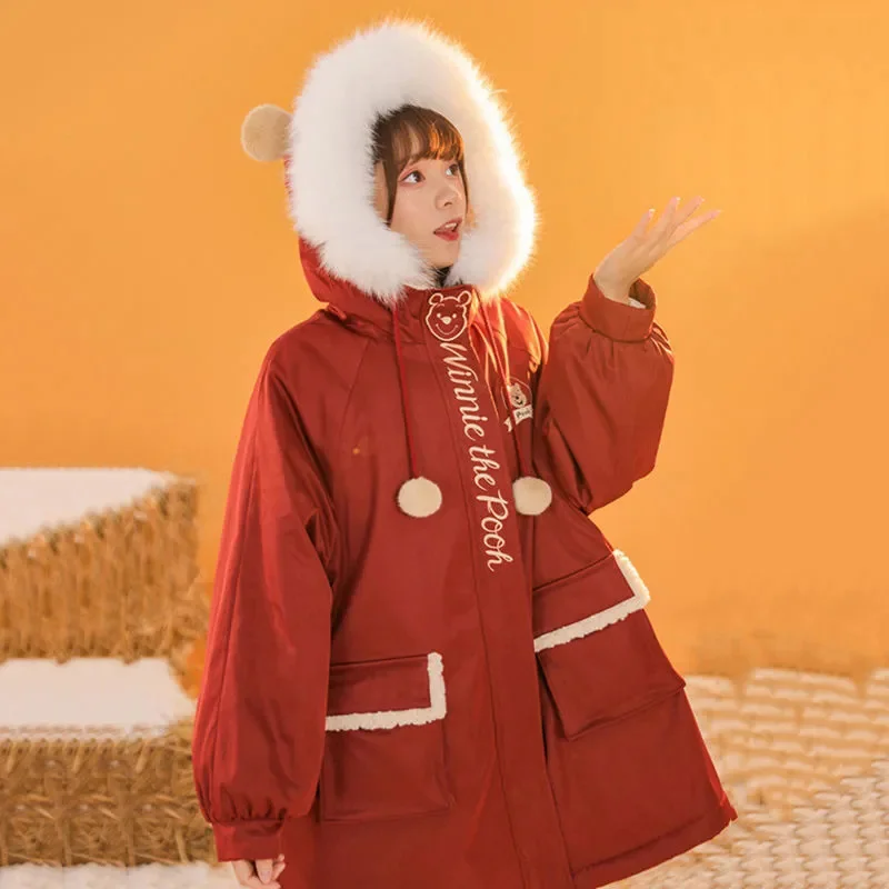 Красные куртки с капюшоном и меховым воротником Женская Повседневная куртка