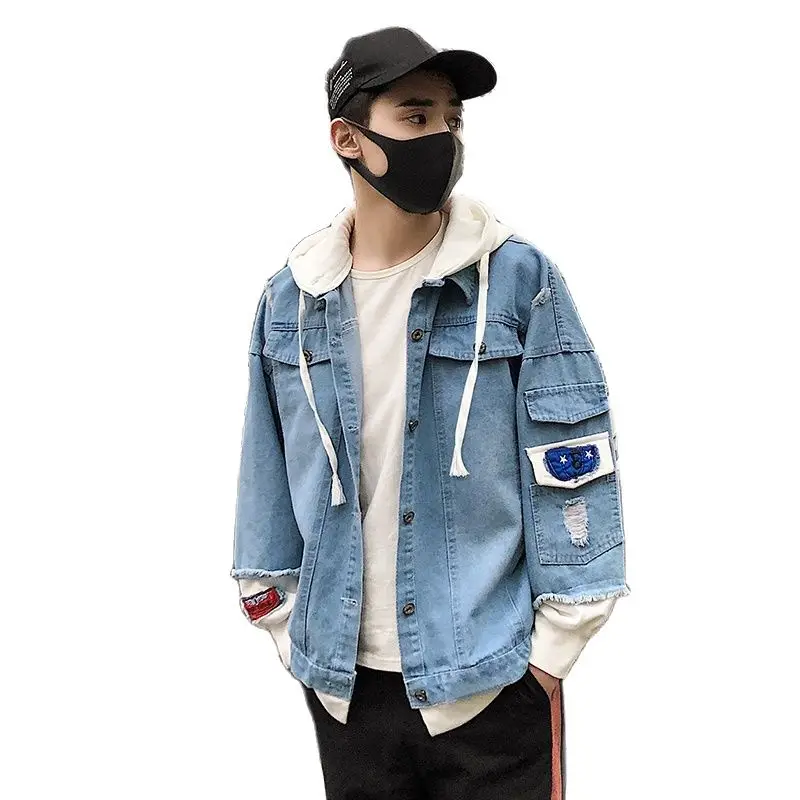 Куртка мужская джинсовая с капюшоном модная уличная одежда в стиле хип-хоп
