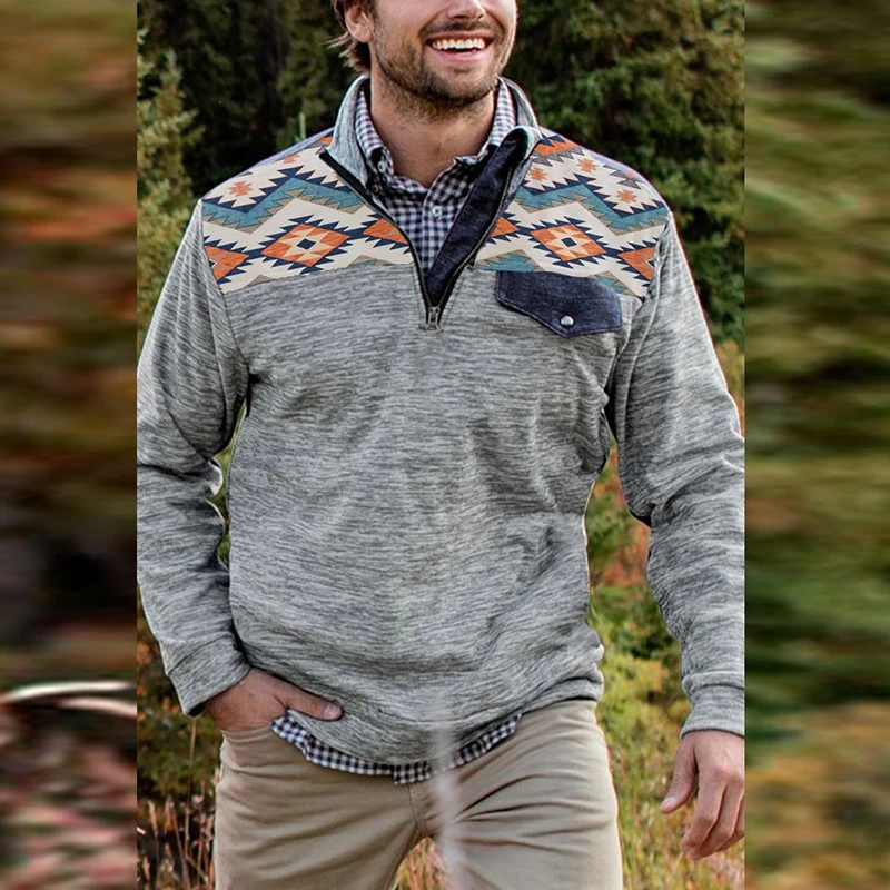 

Свитшот мужской на молнии с отложным воротником, повседневный модный худи с длинным рукавом, свитшот с винтажным принтом, уличная одежда, ос...