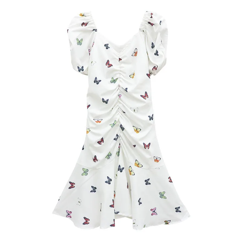 

Traf Top 2020 Portrait Butterfly Impression Purple Dress Waist Together Plied Pretty Bubble Skirt Dresses 2021 Summer New Style