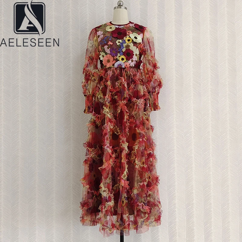 AELESEEN Runway Fashion Women Dress 2022 Autumn Long Sleeve 3D Appliques Ruffles Flower Print Puffy Gown Ball Party Dresses