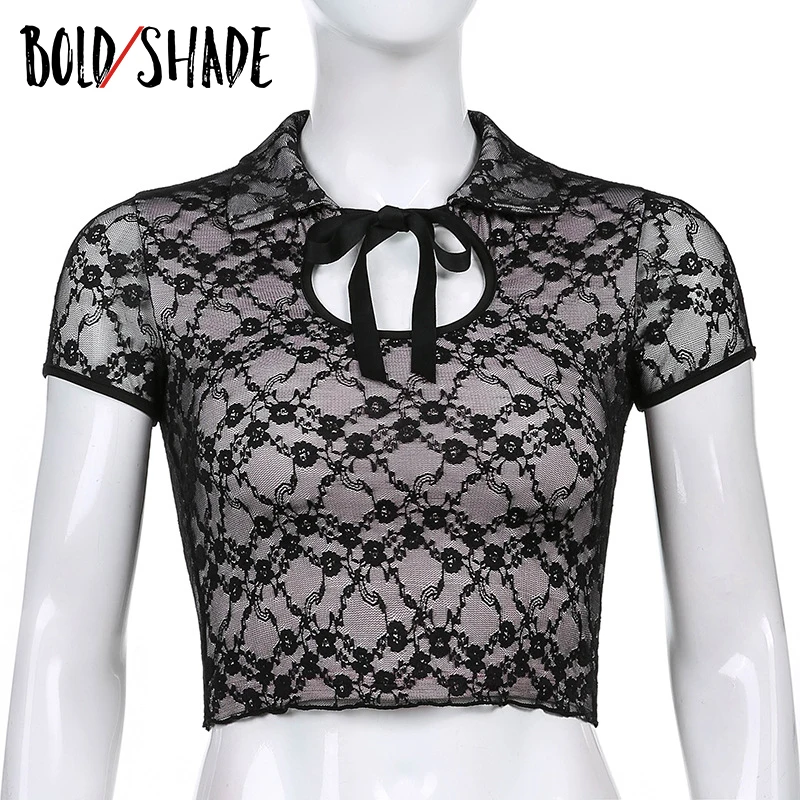 

Bold Shade Street Style Gothic Tshirt Hollow Out Slim Mesh Women Indie 90s Fashion Crop T-shirts Grunge Outfit 2021 Hot Vintage