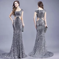 new hot sexy vestido de festa short sleeves mermaid evening elegant dress 2015 gray sequined long prom dresses formal gown