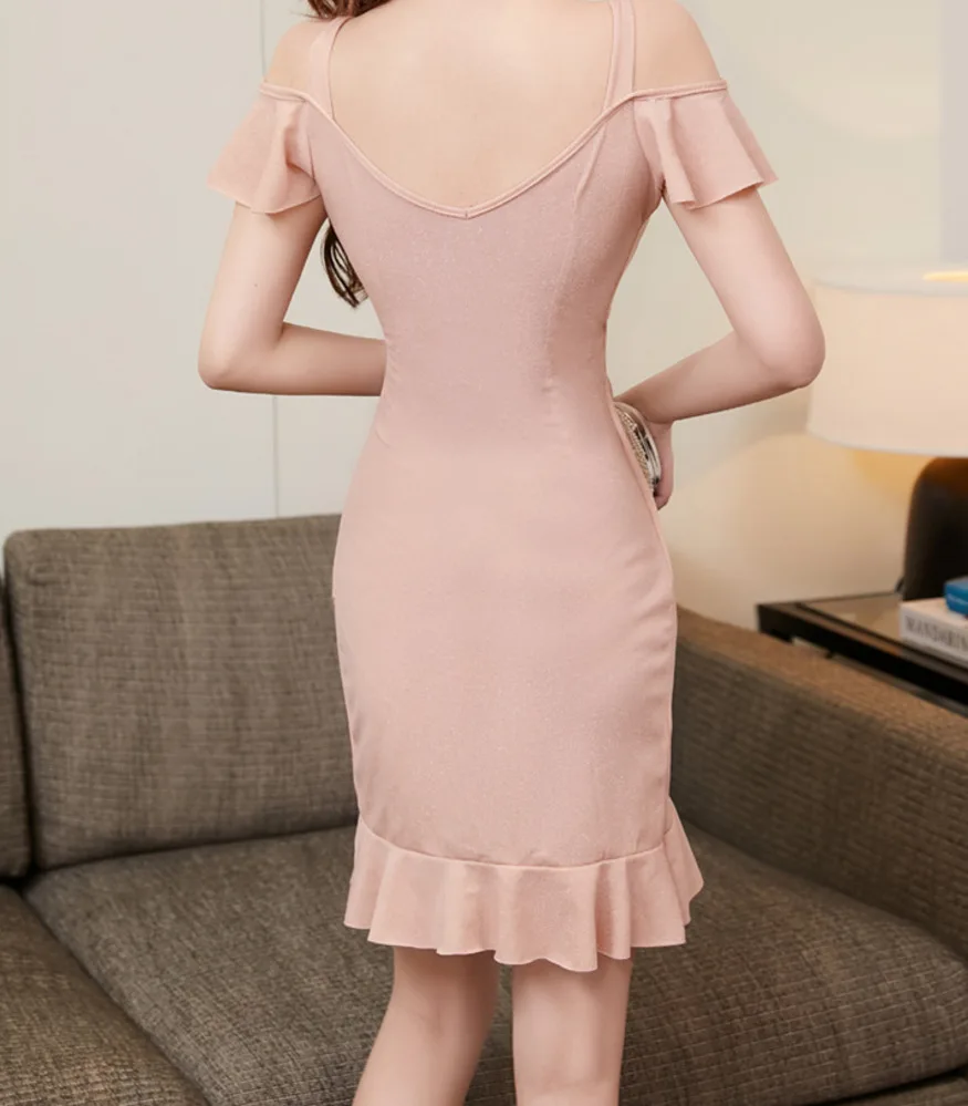 

Sexy Low Cut Sling Ruffle Dress Hip Wrapped Nightclub Short Dress Short Sleeve Off Shoulder Cocktail Dress Glitter Party Dresses