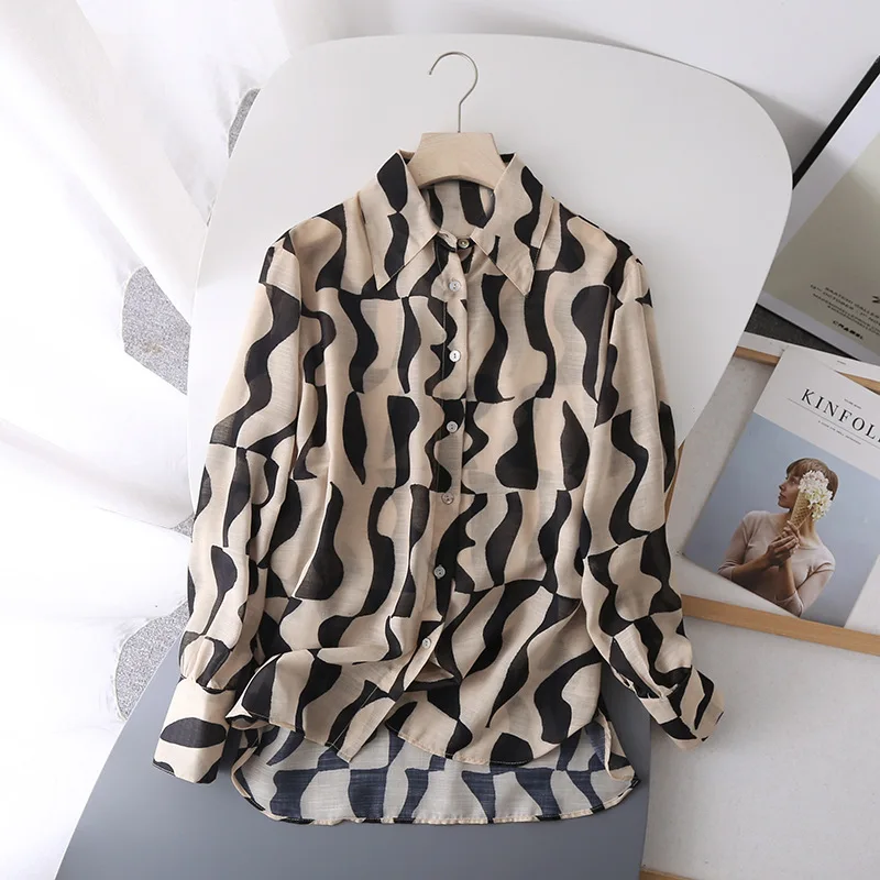 

Zoulv 2021 Spring Women Tops and Blouse Lapel Geometric Printing Long-sleeved Casual Women Shirts Ladies Elegant Office Shirts
