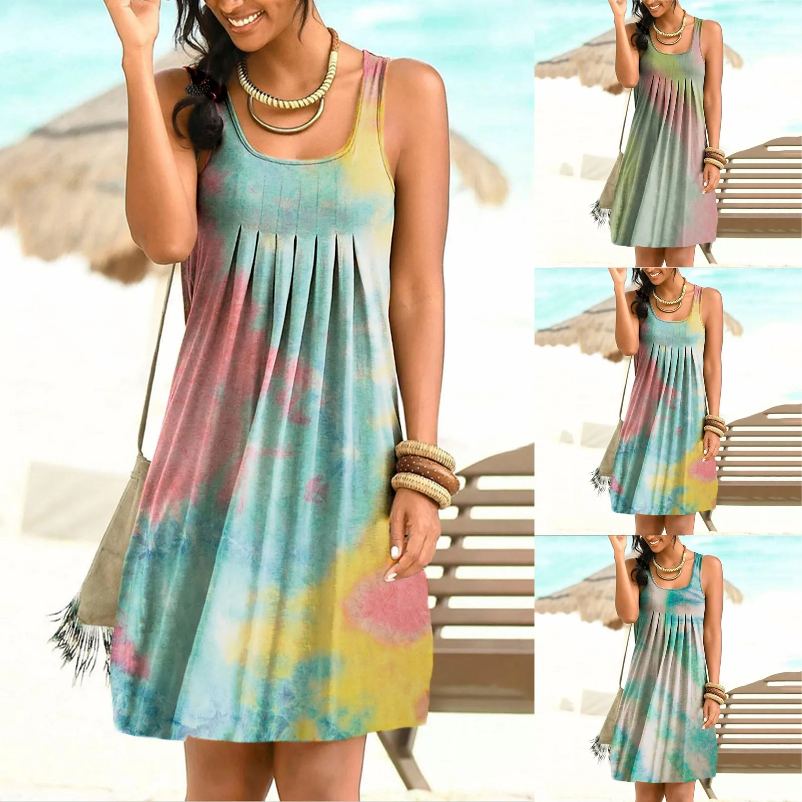 

Тай-дай принт свободное пляжное летнее платье без рукавов повседневное женское платье 2021 размера плюс 5XL Майка Юбка Vestidos Открытое платье бе...