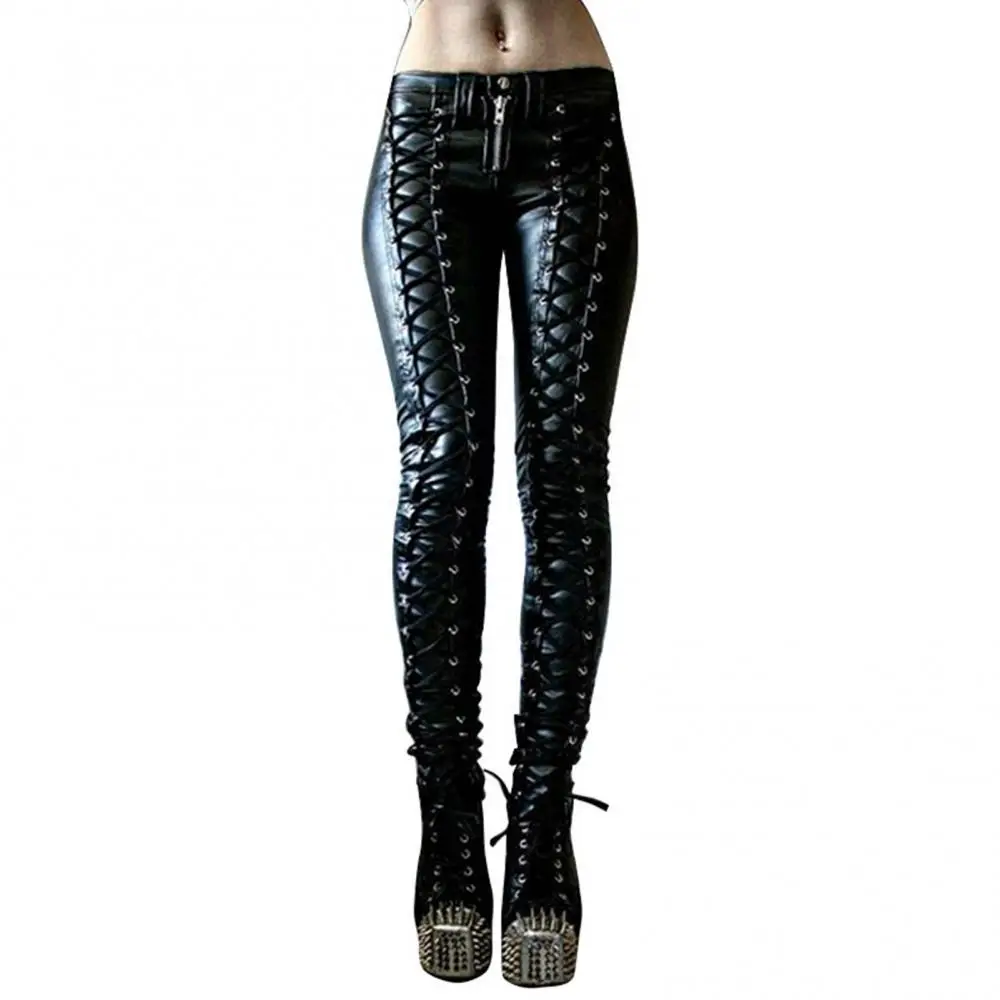 

Steampunk Women Pants Faux Leather Cosplay Pants Carnival Party Skinny Button Trousers SweatpantsHigh waist 2021