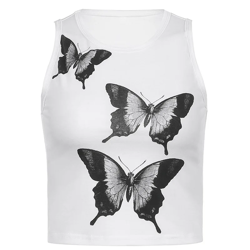 

Butterfly Print Sleeveless Casual Tank Tops Summer Women 2021 Round Neck Female Streetwear Y2K Sleeveless Vest Tees Yuqung