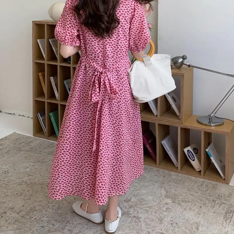 

COIGARSAM Cute Print Women Long dress Puff Sleeve Dresses Green Red 9786