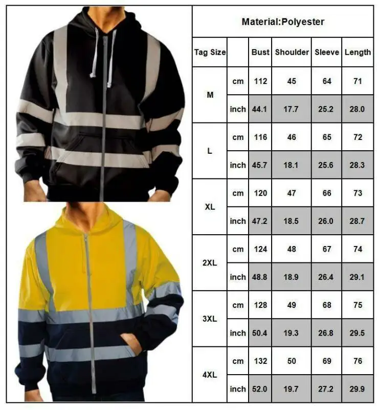 

Fashion High Visibility Mens Jacket Zip Up Hoodie Security Work Sweatshirt Coats Outwear