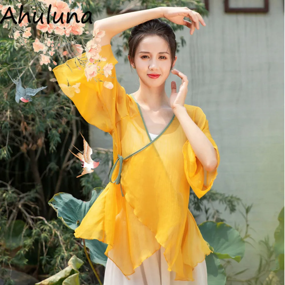 

New Orange Women Classical Dance Clothes Elegant Ancient Cloak Shirt Rhyme Gauze Top Folk Dance Costume Long Sleeve D051