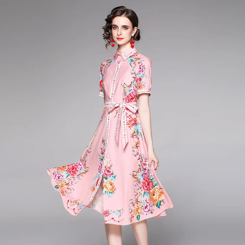 

Женское модельное платье с цветочным принтом, летнее платье-рубашка с коротким рукавом, пляжное платье в богемном стиле с поясом и цветочны...