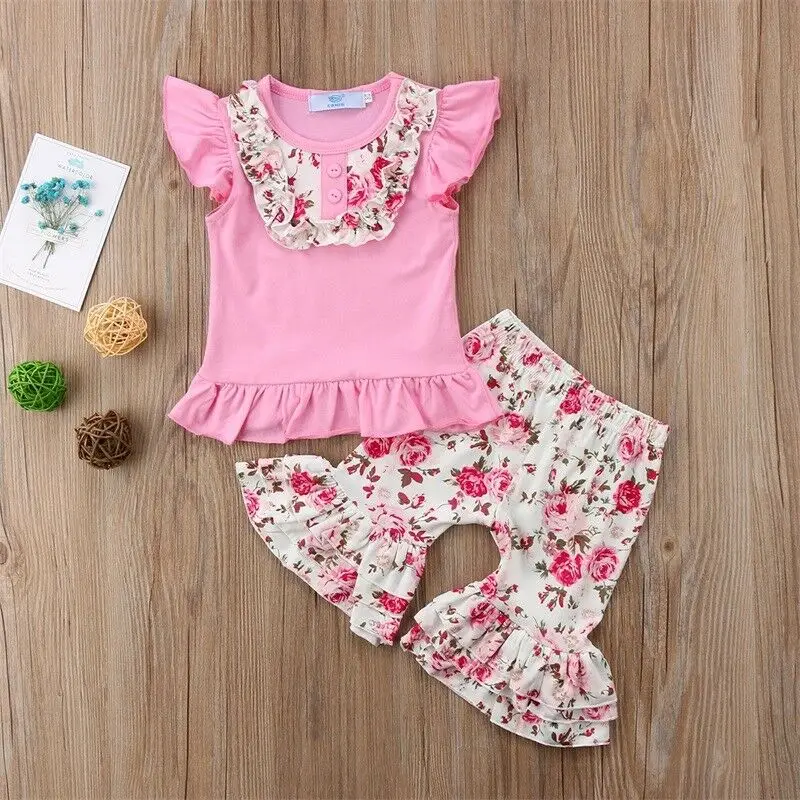 US Toddler Baby Kid Girl Clothes Top T-shirt Floral Ruffle Pants Outfit Summer Set 2PCS 2-7T | Детская одежда и обувь