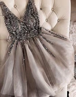 Женское короткое вечернее платье, серое Тюлевое платье с блестками и V-образным вырезом, расшитое бисером, для выпускного вечера, 2022