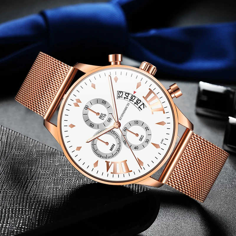 

Retro Men Watch Stainless Three Eye Casual Business Quartz Mesh Strap Simple Male WriststWatch Date Relogio Masculino Clock Gift