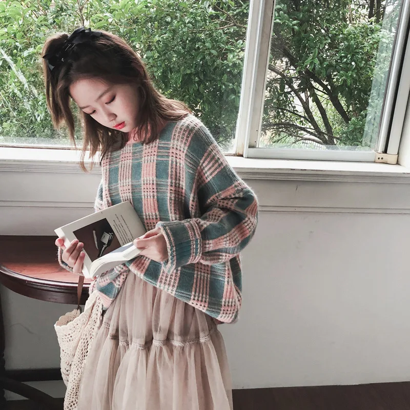 

Loose Plaid Sweaters For Kids Cotton Long Sleeve Knit Pullovers Little Big Girls Autumn Winter Sweater Clothing Children Tops