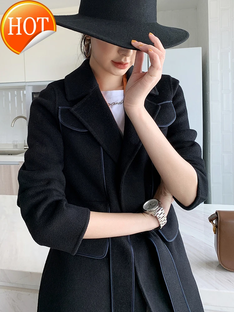 

cashmere coat Double-sided Women's Mid-length belt slimming all-match 2020 new small high-end woolen coat