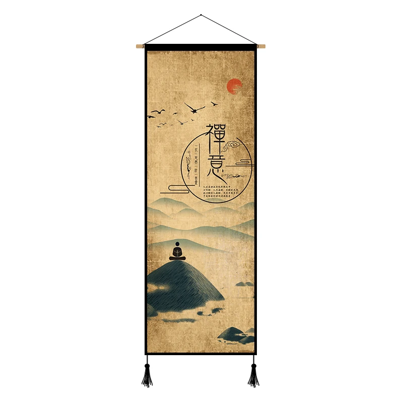 

Chinese Style Ink Painting Landscape Canvas Poster Wall Pictures Living Room Decor Painting Art with Solid Wood Hanging Scroll