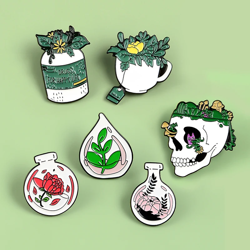Панк растения Цветок Скелет Кости Череп песочные чашки эмалированная булавка